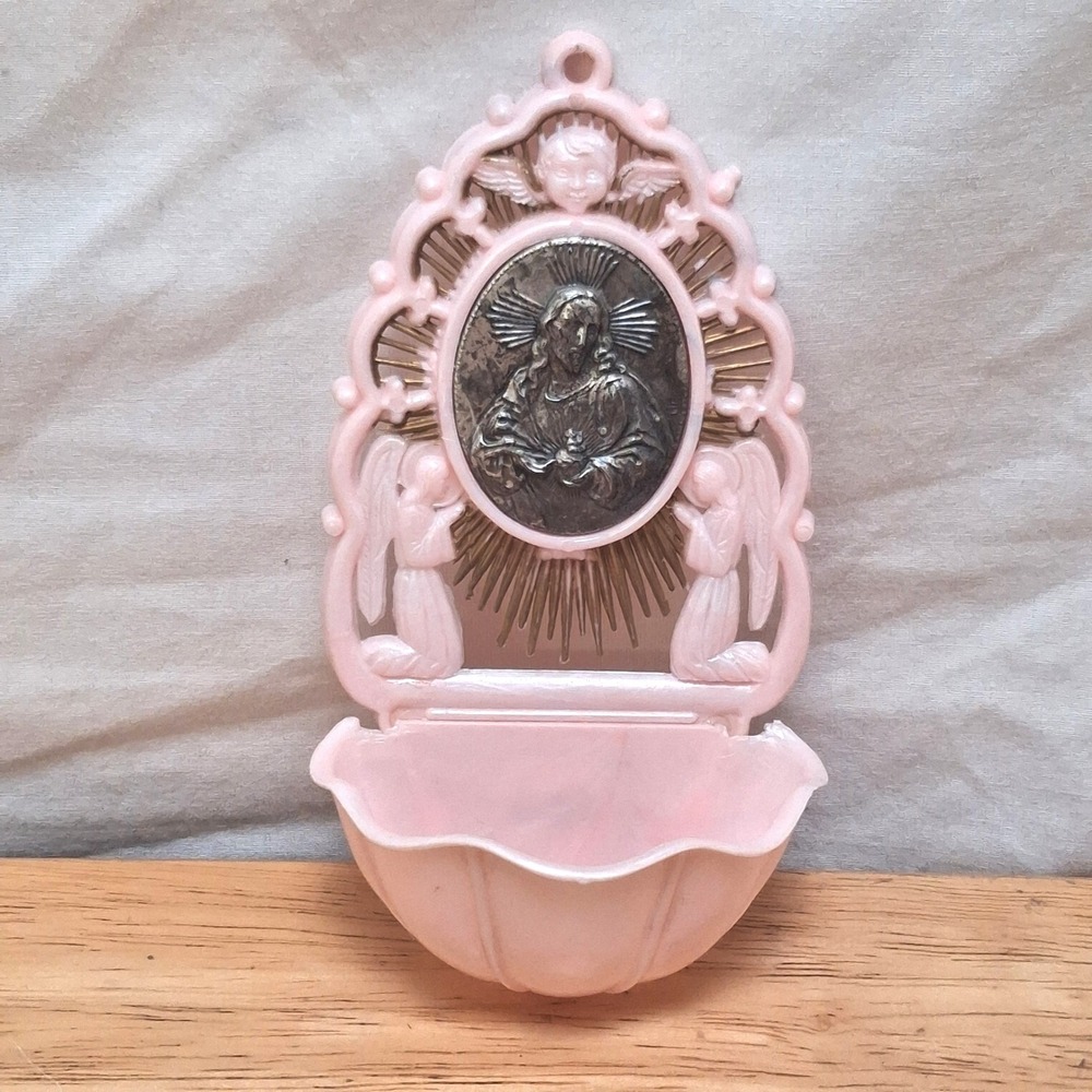 Unbranded Made in Italy Holy Water Font Pink Sacred Heart Jesus Angel Plastic